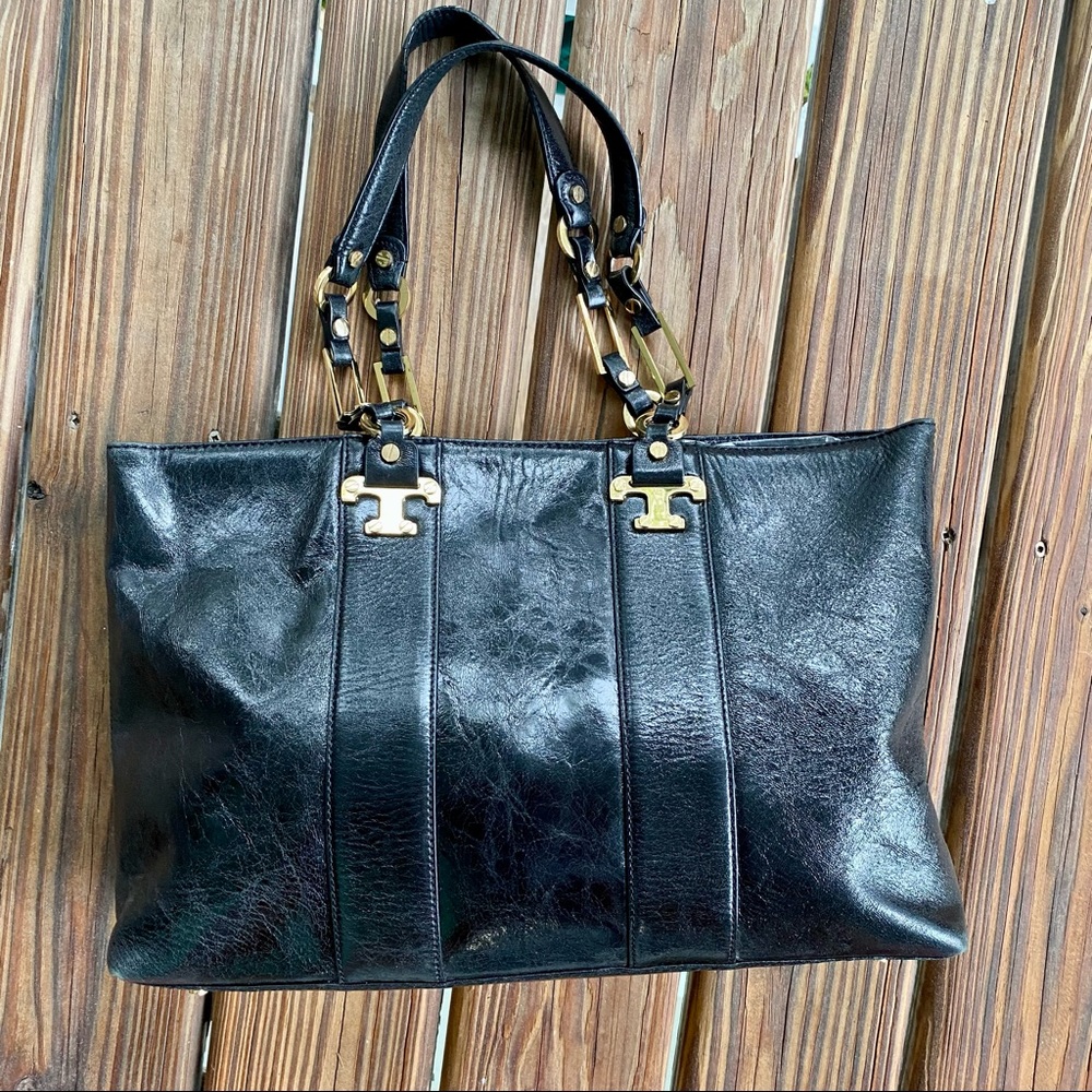 Tory Burch Handbag Nico East/West Tote Leather Black Distressed Patent & Gold